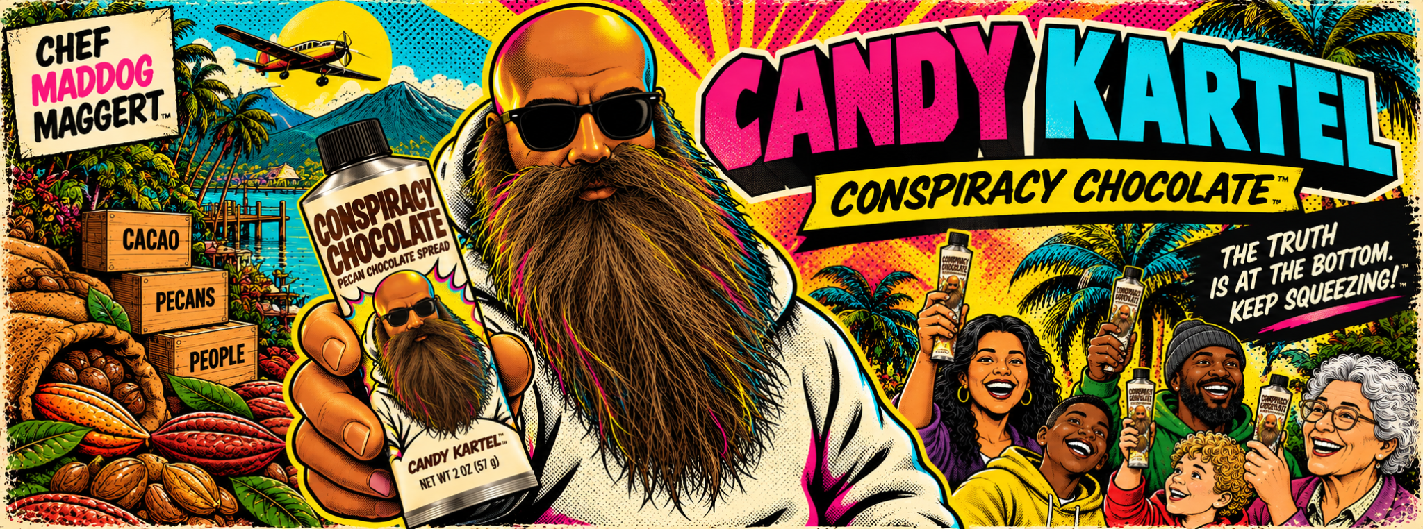 Candy Kartel comic artwork featuring Chef Maddog Maggert, Conspiracy Chocolate tubes, cacao, pecans, and a crowd enjoying chocolate