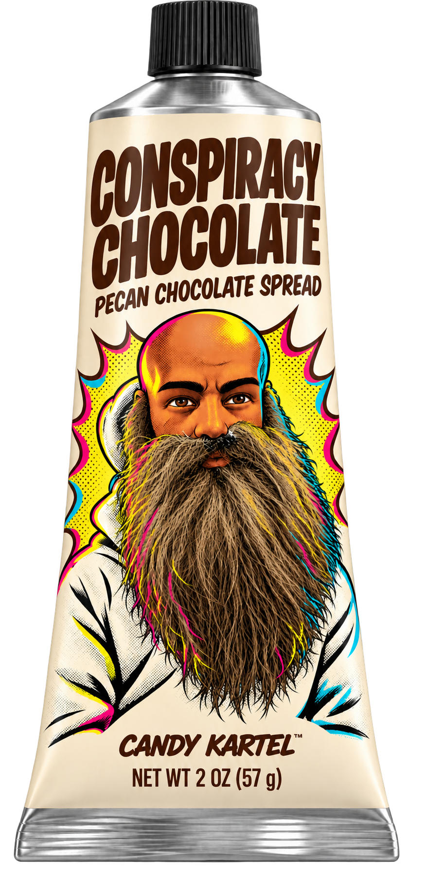 Candy Kartel Conspiracy Chocolate pecan chocolate spread in a 2 oz aluminum tube, with Chef Maddog on its comic-art label