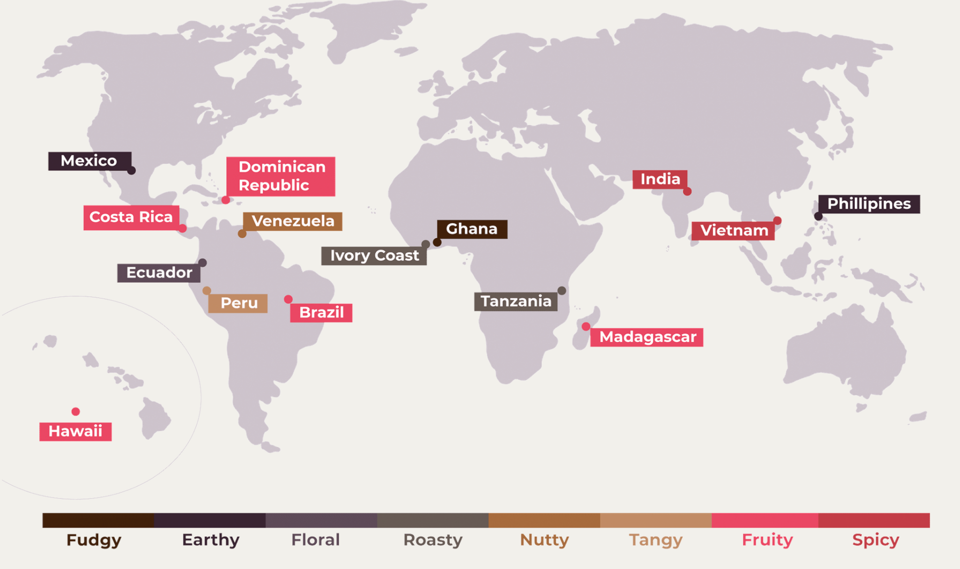 World map highlighting selected cacao-growing origins in the Americas, Africa and Asia, plus Hawaii, with a color key for flavor notes. All labels are also available below the map.