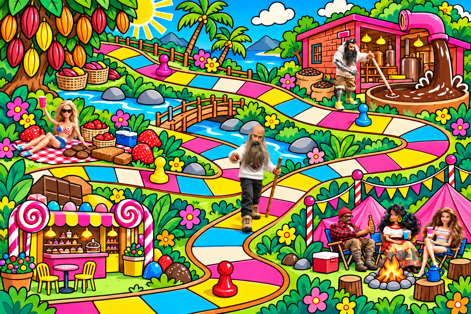 A bright cartoon candy game board with a smiling sun, bold black outlines and surface details, a winding pink, yellow, cyan and cream trail, and six original realistic action figures enlarged by 25% at five destinations.